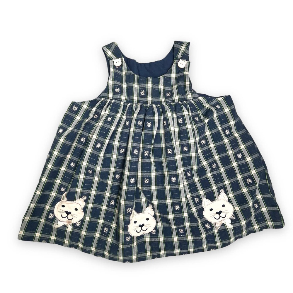 Vintage 90s Pinafore Plaid Cat Girls Toddler Pinnie Dress 2T